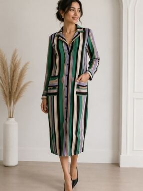 Twin-Set Green, Black, Purple & Cream Striped Midi Shirt Dress